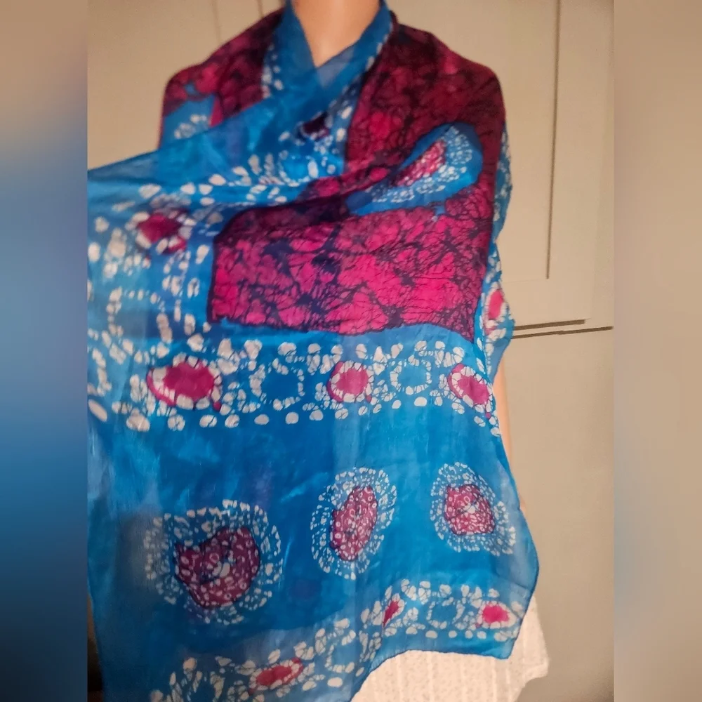 100% Pure Silk Batik Scarf Wrap – Made in India Blue Pink Boho